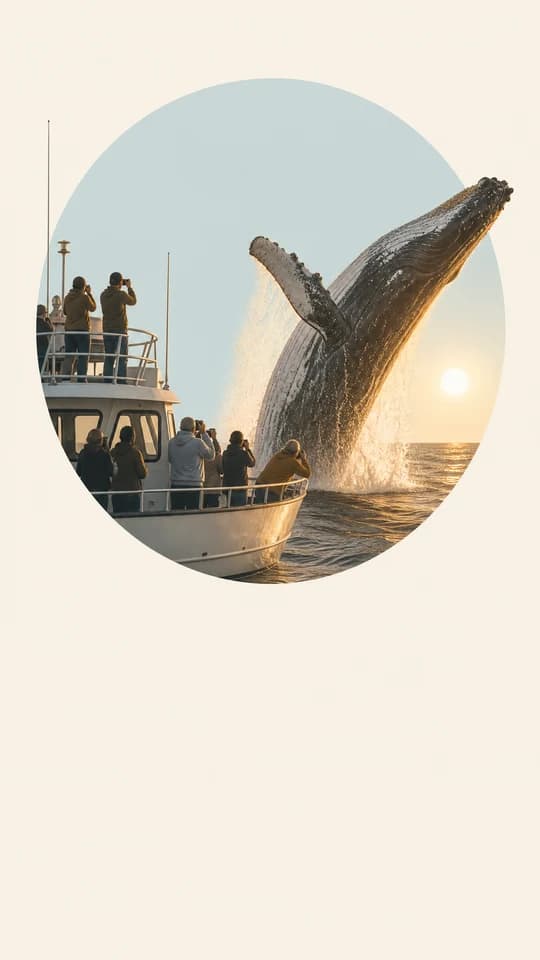 A whale breaching at golden hour, drawn as a whole screen in the Display window style