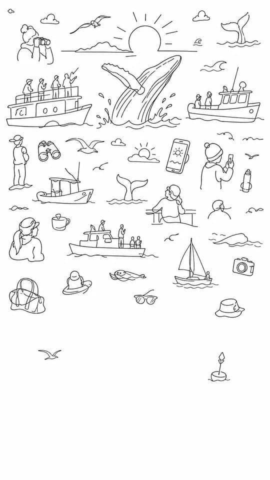 A whale breaching at golden hour, drawn as a whole screen in the Margin doodles style