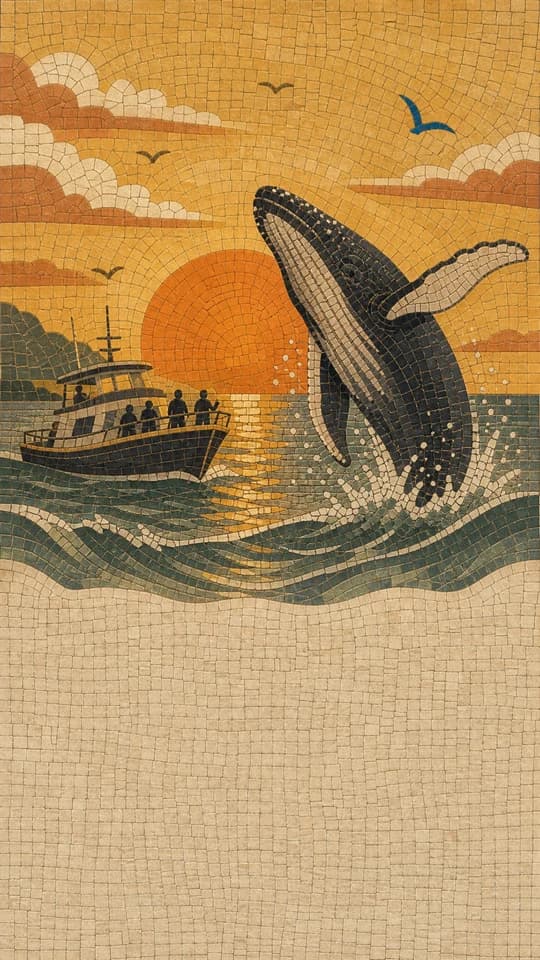A whale breaching at golden hour, drawn as a whole screen in the Mosaic style