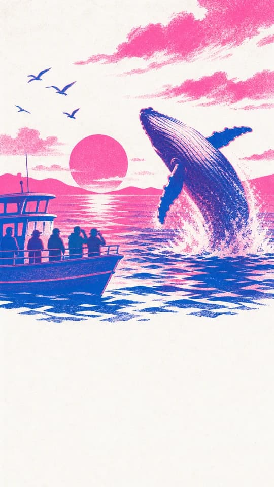 A whale breaching at golden hour, drawn as a whole screen in the Risograph style