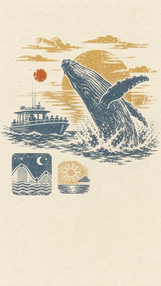 A whale breaching at golden hour, drawn as a whole screen in the Passport stamps style