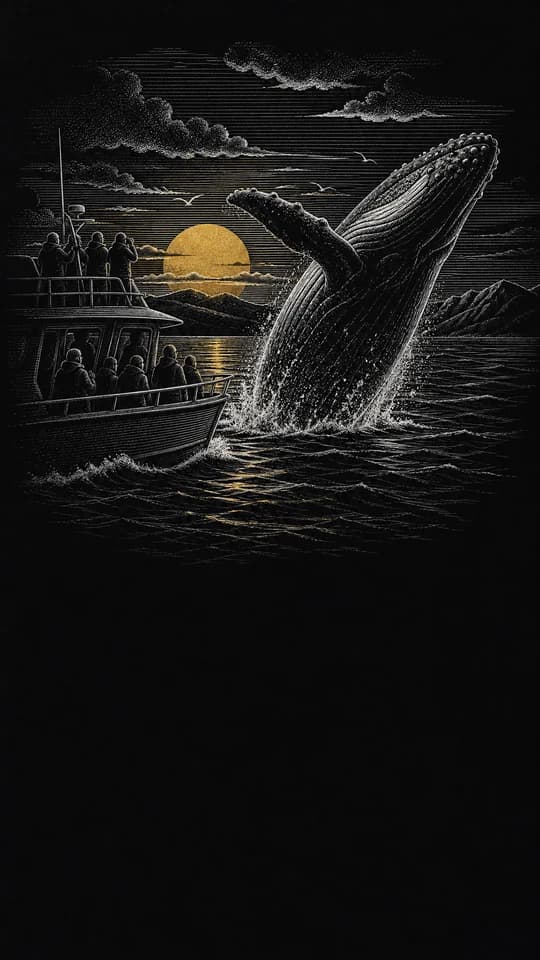 A whale breaching at golden hour, drawn as a whole screen in the Scratchboard style