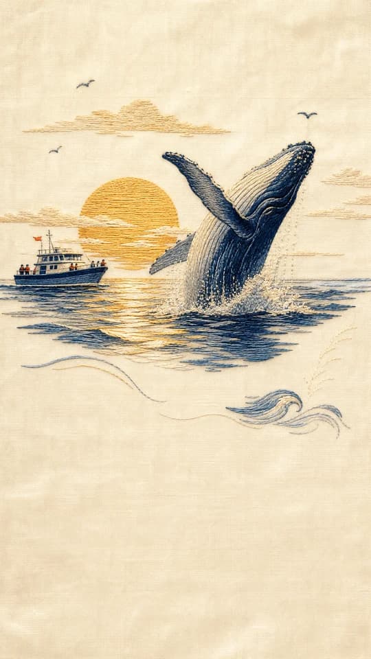 A whale breaching at golden hour, drawn as a whole screen in the Silk stitch style