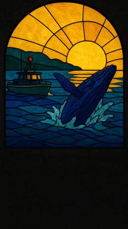 A whale breaching at golden hour, drawn as a whole screen in the Leaded glass style